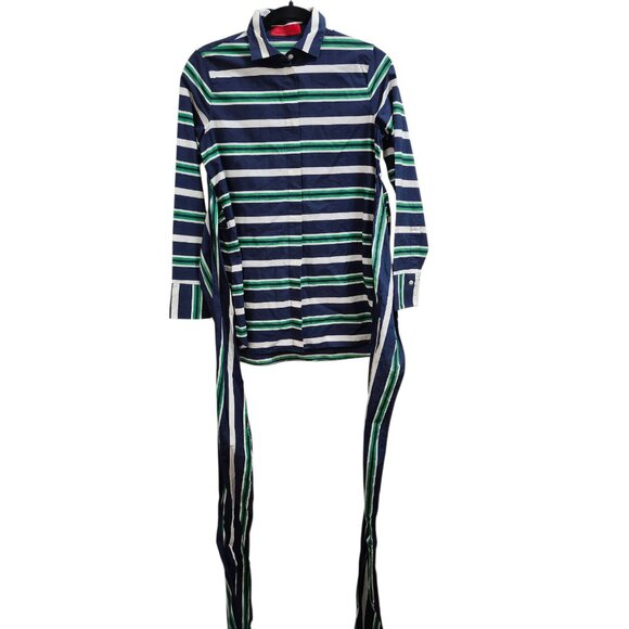 Carolina Herrera Striped Cotton Belted Shirt Dress Top 2 Multicolor Button Down - Picture 4 of 15